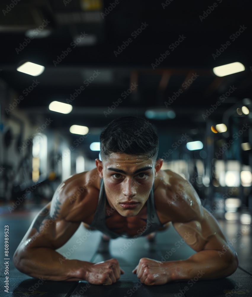 Determined Man Performing Plank in Gym