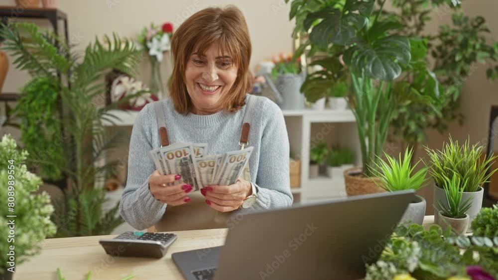Middle-aged woman counting us dollars with joy in a flower shop interior, surrounded by plants and a calculator on the table. Middle-aged woman counting us dollars with joy in a flower shop interior, surrounded by plants and a calculator on the table.