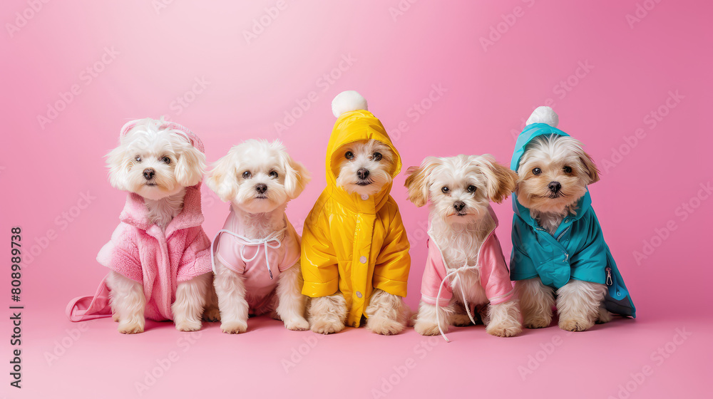 Maltipoo puppy dogs in a group, vibrant bright fashionable outfit with hats, isolated on solid pastel background advertisement, copy space. birthday party invite invitation banner