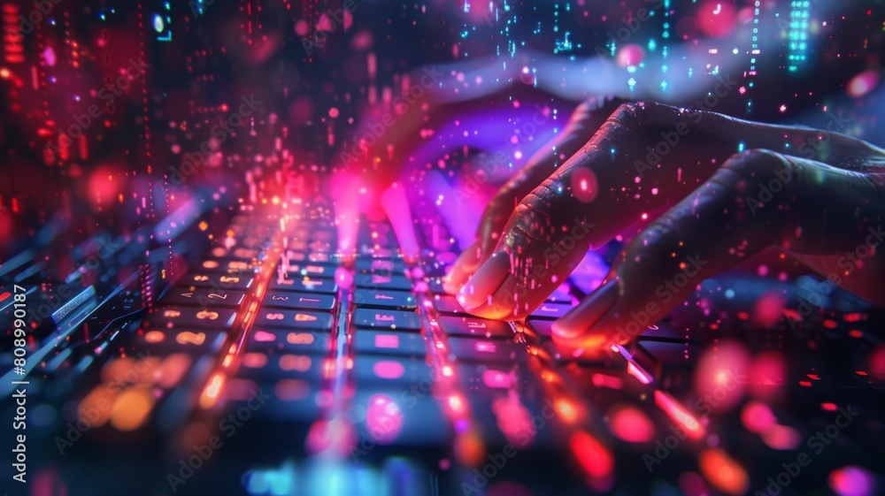 A vivid image capturing fingers typing on a neon-lit keyboard, artistically double-exposed with streaming financial market data, emphasizing a high-tech, digital finance environment A vivid image capturing fingers typing on a neon-lit keyboard, artistically double-exposed with streaming financial market data, emphasizing a high-tech, digital finance environment