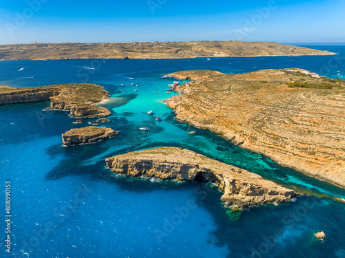 Popular Blue lagoon on Comino island. Mediterranean sea, Malta island