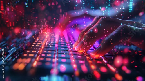 A vivid image capturing fingers typing on a neon-lit keyboard, artistically double-exposed with streaming financial market data, emphasizing a high-tech, digital finance environment