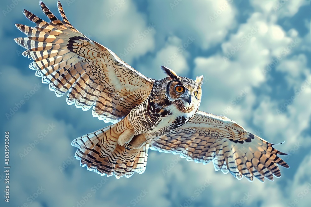 Obraz premium owl flying in the dramatic cloudy sky dynamic angle, vertical layout, 