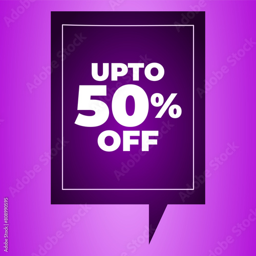 Up to 50 percent off on purple vertical rectangle chat icon. Up to 50% off chat icon on radial gradient purple background.