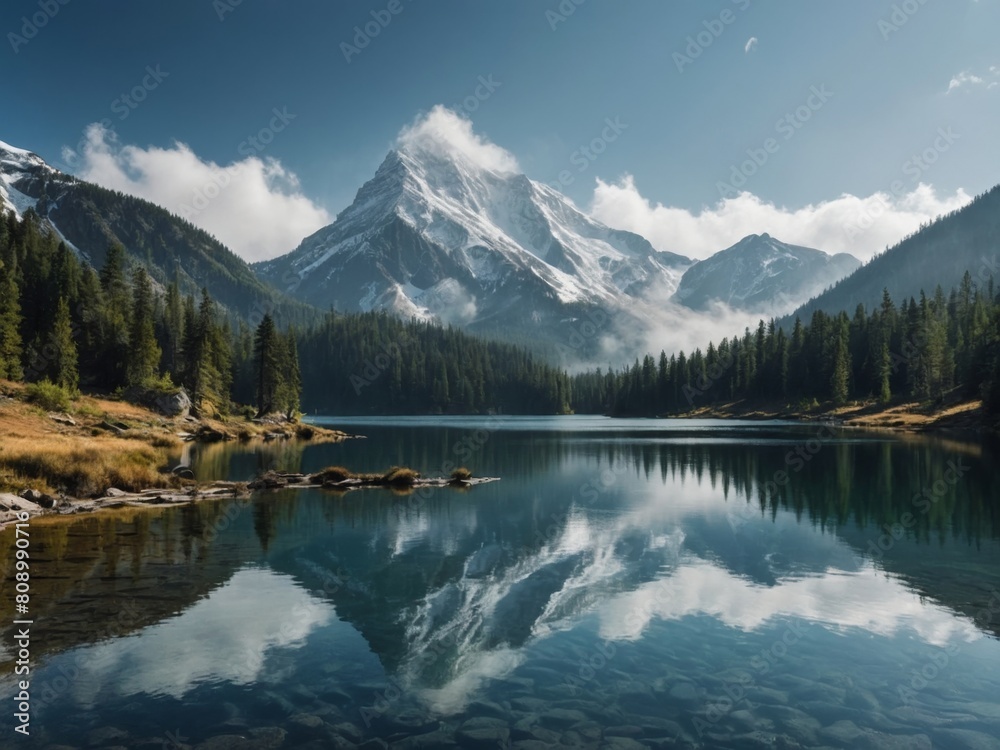 Mountainous Terrain:
Imagine a serene landscape featuring towering snow-capped mountains, with a crystal-clear lake reflecting the surrounding peaks. Pine trees dot the hillsides, and a gentle mist ho