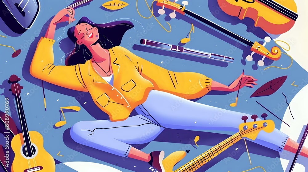 Fototapeta premium Radiant smile: Woman expressing her love for music through instruments