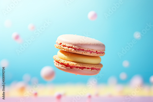 Colorful Macarons Floating Midair With Pastel Backdrop and Soft Bokeh Lights