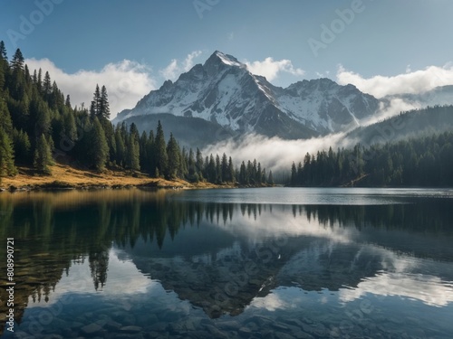 Mountainous Terrain: Imagine a serene landscape featuring towering snow-capped mountains, with a crystal-clear lake reflecting the surrounding peaks. Pine trees dot the hillsides, and a gentle mist ho
