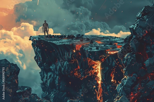 surreal illustration of shattered man on lava rock in otherworldly landscape digital art