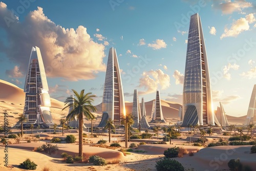 sustainable futuristic city in saudi arabian desert with renewable energy 3d rendering photo