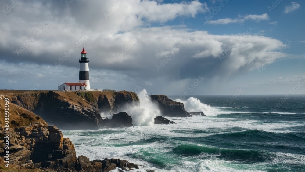 Coastal Vista:
Visualize a coastal landscape with rugged cliffs overlooking a turbulent sea. Waves crash against the rocks below, sending sprays of water into the air. Seabirds soar overhead, and a li