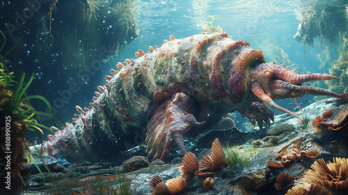 Scientific illustration of Anomalocaris: Based on fossil evidence and current research. photo