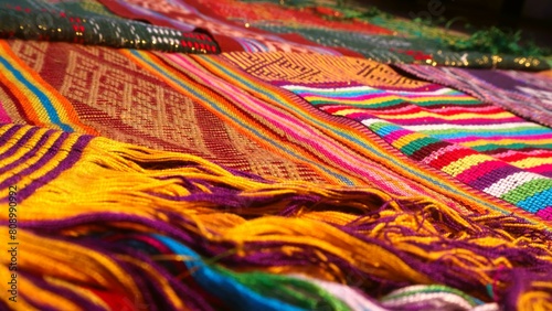 Close up side view handmade woven fabric with unique pattern from Indonesia, selective focus, multicolour textured textile background