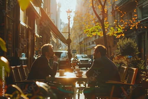 joyful image of a two businessman friends talking at the terrace of the coffee shop, drinking, tea, dynamic angle