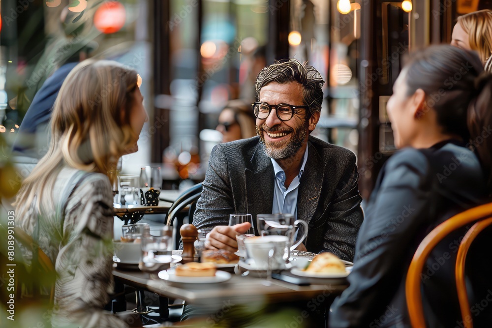 joyful image of a business people talking at the terrace of the coffee shop, drinking, tea, dynamic angle, 