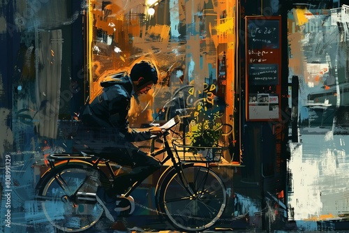 urban man with bicycle using phone passing by window multitasking commuting city life digital painting photo