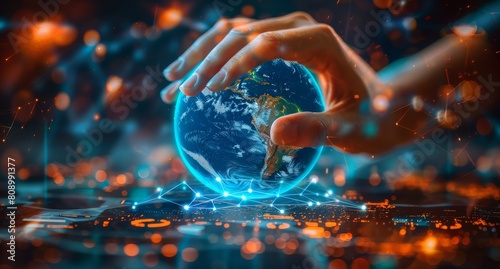 Hands Holding Earth with Digital Surround