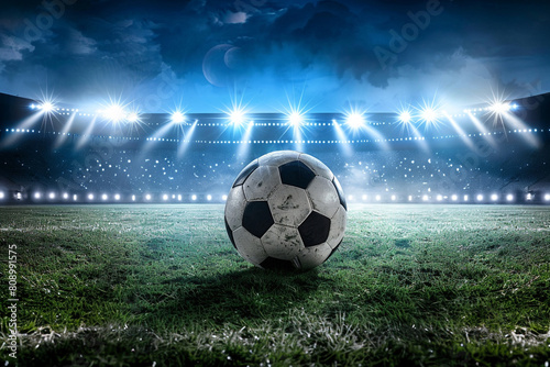 Fussball auf dem Fussballrasen in einem Stadion bei Flutlicht in der Nacht  Hintergrund Banner mit Textfreiraum