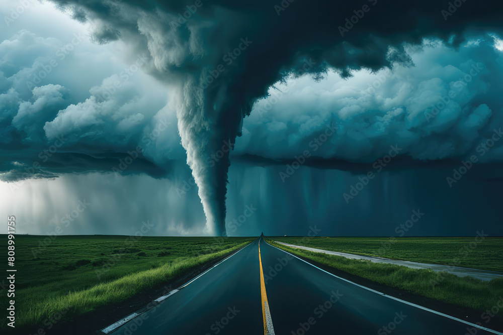 Powerful Tornado On Road In Stormy Landscape