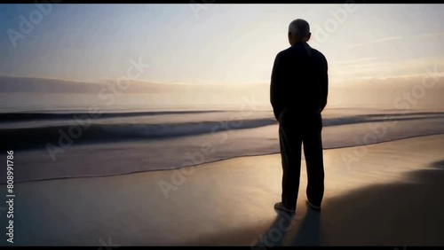  serene seashore scene Man stands looking out contemplating ocean sea reflecting light sunset sunrise introspection photo