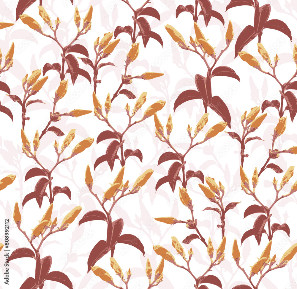 Abstract botanical flower nature inspired floral vector seamless repeat pattern.Floral seamless spring pattern, red,brown leaves. golden yellow floral and light pink background.