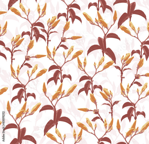 Abstract botanical flower nature inspired floral vector seamless repeat pattern.Floral seamless spring pattern, red,brown leaves. golden yellow floral and light pink background.