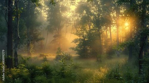 serene forest at dawn  with mist rising from the trees