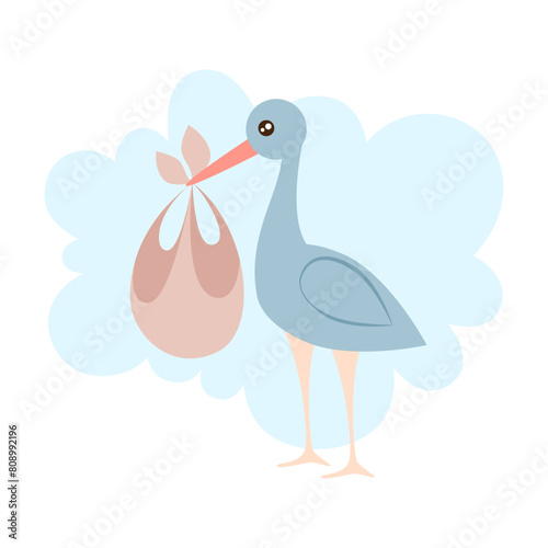 Stork brought a newborn baby. Vector illustration on white background for design of cards, posters, stickers, stickers.