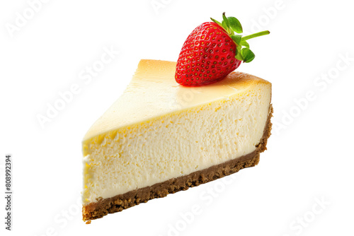 A slice of new York style cheesecake with strawberry isolated on transparent background