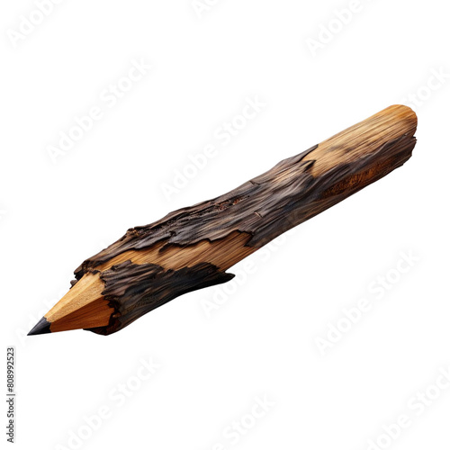 A wooden pencil with a natural wood grain texture. The pencil is unsharpened and has a dark gray lead. The pencil is about 6 inches long and is lying on a white surface. photo