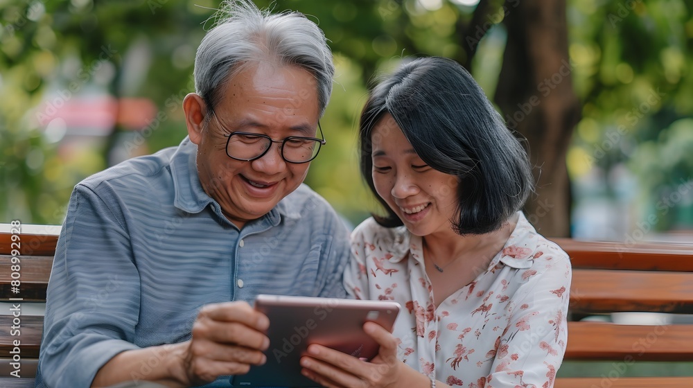 Elderly Asian Couple Enjoying Tablet Together in Neighborhood Park Elderly Asian Couple Enjoying Tablet Together in Neighborhood Park