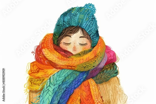 whimsical woman wrapped in rainbow of chunky handmade scarves cozy winter portrait illustration photo