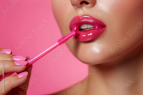 woman applying pink lip gloss in closeup on pink background beauty concept photo