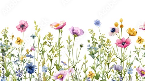 Vibrant Watercolor Wildflower Garden Pattern with Flourishing Floral Blooms © pkproject