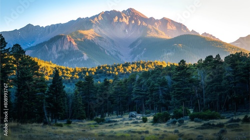 mountains in the morning The sun rises over the mountains A golden glow shines on the mountain peak covered with yellow trees and flowers. The sky is bright,Generative AI illustration.