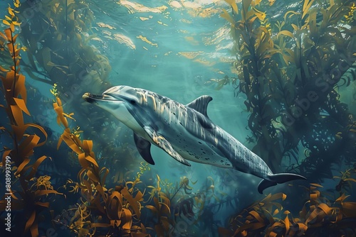 graceful dolphin gliding through lush kelp forest underwater wildlife digital painting
