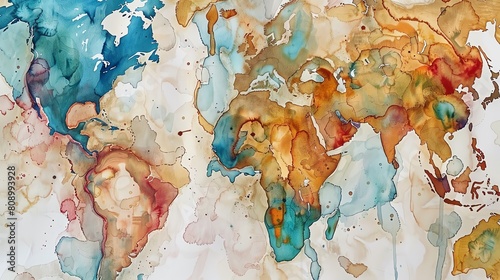 A watercolor painting of the world map in muted colors. The continents are outlined in brown, and the oceans are filled with blue and green. The painting has a soft, ethereal feel.