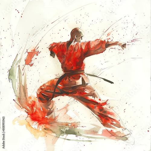 A watercolor painting of a man in a red karate gi performing aHui shiCu ri (yoko geri) kick photo