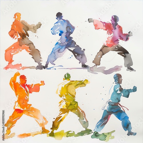 A watercolor painting of six people in different colored uniforms demonstrating various karate moves