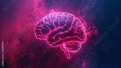 Neon Pink Anatomical Brain Floating in Dark Smoky Background with Light Particles