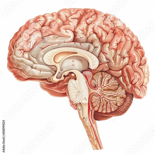 Anatomical Brain Illustration Showing Detailed Cross Section and Internal Structures on a White