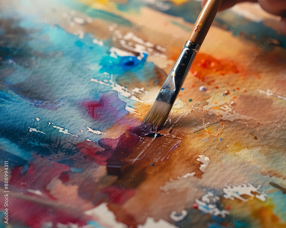 Obraz premium An artist's brush is dipped in paint and then used to paint on a canvas. The canvas is already covered in various colors of paint.