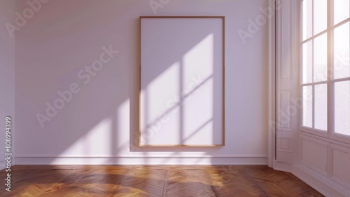Empty blank frame on a wall in a cozy loungeroom scene with hardwood floors white walls texture background.