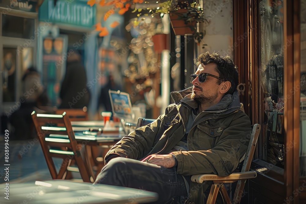 portrait of a man, guy chilling at the terrace of the coffee shop dynamic angle, spring, summer, after work, break