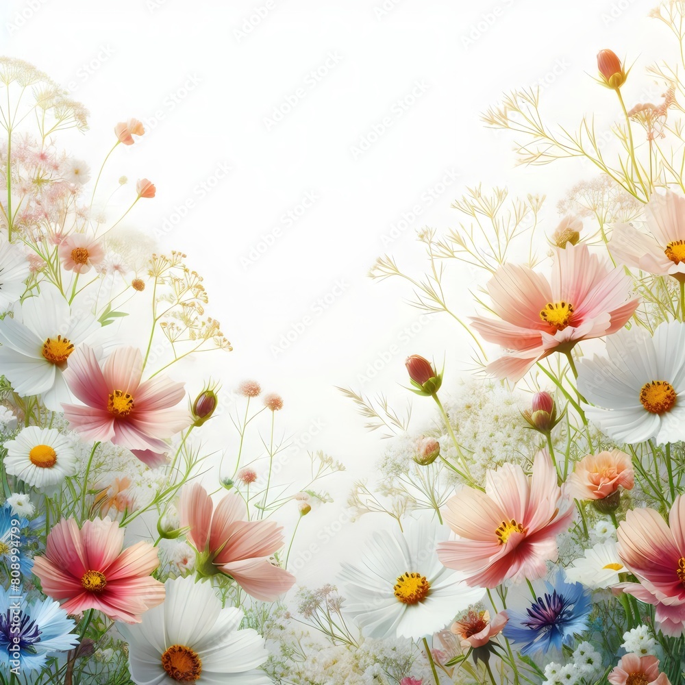 abstract background Beautiful background with wild flowers at white with copy space