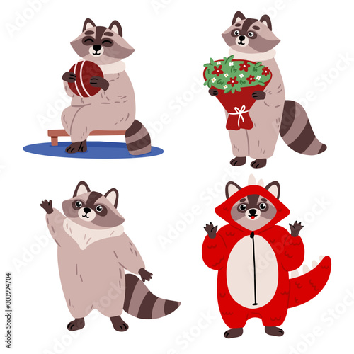 Cute cartoon raccoon set. Raccoon with Dexterous Front Paws and Ringed Tail. Emotion little raccoon. Cartoon animal character design.