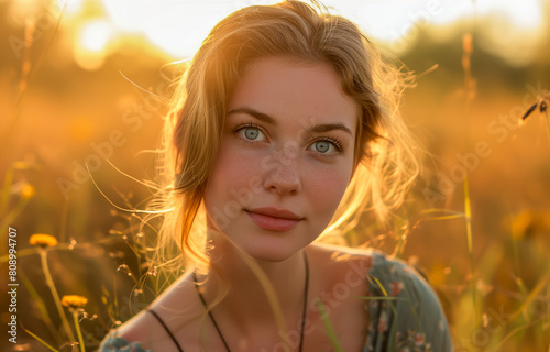 Young woman in a sunlit field with golden hour lighting © thodonal