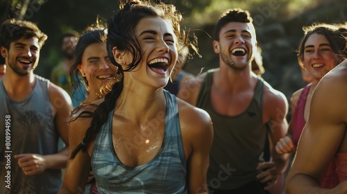 Portray the vitality of a group of friends participating in a fun outdoor fitness boot camp, laughing and encouraging each other.
