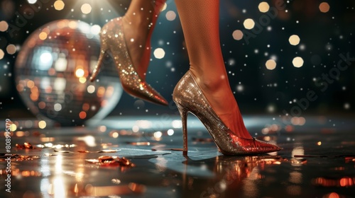 Close up view of woman s feet in shiny luxury stiletto shoes walking next to silver sparkling disco ball lying on floor on dark ball stage background with copy space