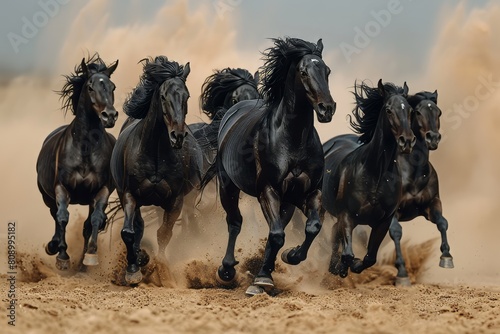 joyful image of a herd of white horses running through the sand, desert, dynamic angle,  © Jasenko